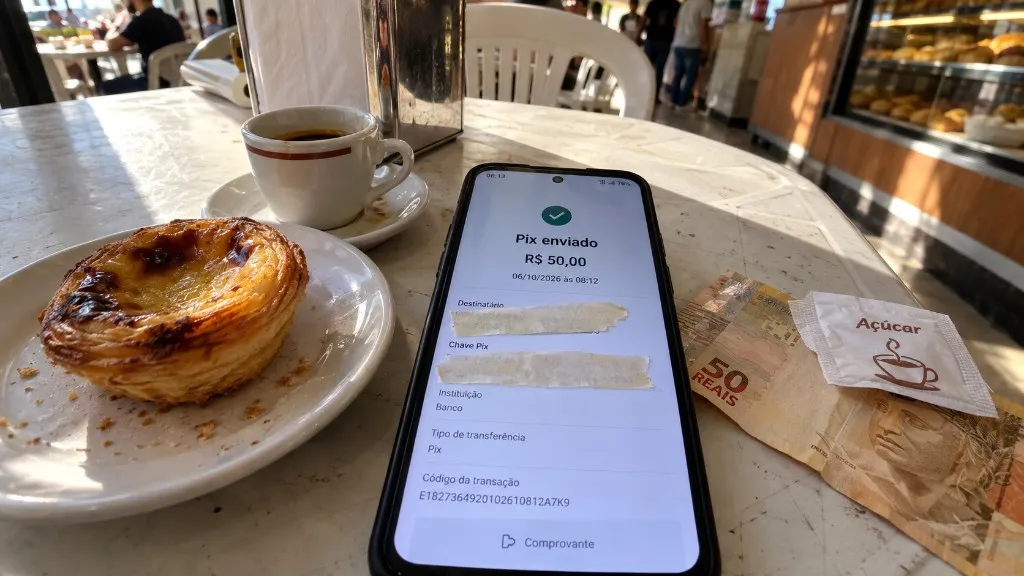 Comprovante de PIX enviado, dados cobertos, na mesa de uma padaria